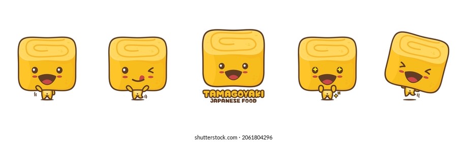 Mascota de dibujos animados Cute tamagoyaki, ilustración vectorial de la comida japonesa, con diferentes expresiones y poses faciales, aislada en fondo blanco