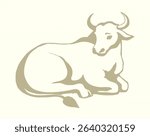 Cute tame beef meat Breton pet tail leg horn snout look India zoo ranch field view white sky text space scene. black hand drawn outline line big Indian beast herd old muzzle head art retro bible logo