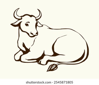 Bela carne de vaca manso Breton animal de estimação rabo perna chifre focinho olhar Índia zoológico rancho campo ver céu branco texto espaço cena. mão preta desenhada linha grande besta indiana manada velha cabeça focinho arte retro bíblia logotipo