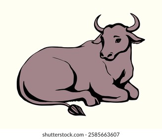 Cute tame beef meat Breton pet tail leg horn snout look India zoo ranch field view white sky text space scene. black hand drawn outline line big Indian beast herd old muzzle head art retro bible logo