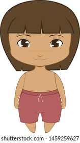 Cute, tan chibi boy in red swim trunks.  Vector art.  Isolated.