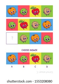 Cute tangerine, lime, red apple, walnut. Logic game for children preschool worksheet activity for kids, task for the development of logical thinking and mind. Funny cartoon fruits and vegetables.