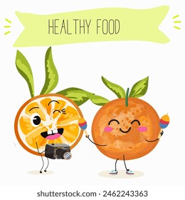 Cute tangerine, orange fruit characters, funny fruits, funny berry with different activities. Flat vector illustration. Organic food, healthy food, illustrations for kids menu, invitations.