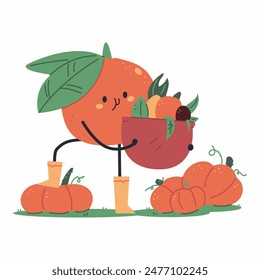 Cute tangerine with pumpkin and basket of vegetables vector cartoon character isolated on a white background.