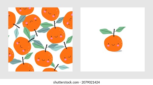 Cute tangerine. Seamless pattern and a postcard with a cute smiling mandarin. For designing children's clothes, greeting and invitation cards, posters, interior decor of a children's room