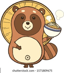 Cute 'Tanuki' character, Japanese raccoon dog, with a hat and noodle. Cartoon style.