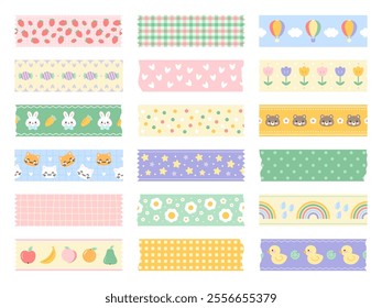 Cute tape with funny patterns. Washi scotch stripes, scrapbooking sticky lines, border elements, kawaii stationery, diary design, childish stationery, cartoon flat isolated vector set