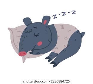 Cute Tapir Animal with Proboscis Cuddling on Pillow and Sleeping Vector Illustration