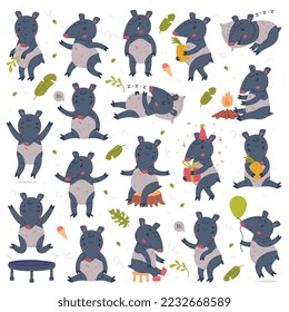 Cute Tapir Animal with Proboscis Engaged in Different Activity Vector Set