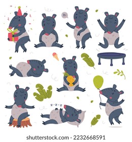 Cute Tapir Animal with Proboscis Engaged in Different Activity Vector Set