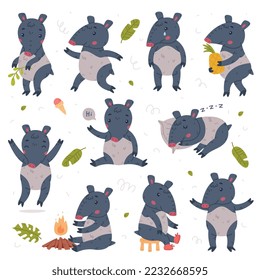 Cute Tapir Animal with Proboscis Engaged in Different Activity Vector Set