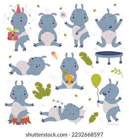 Cute Tapir Animal with Proboscis Engaged in Different Activity Vector Set