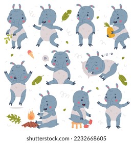 Cute Tapir Animal with Proboscis Engaged in Different Activity Vector Set