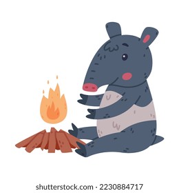 Cute Tapir Animal with Proboscis Sitting Near Burning Fire and Warming Vector Illustration