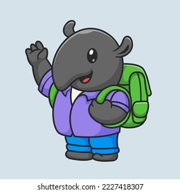 Cute Tapir With Backpack And Waving Hand Cartoon Vector Icon Illustration. Animal Education Icon Concept Isolated Premium Vector. Flat Cartoon Style