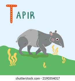 Cute tapir vector illustration. Asian animal with elongated nose in green grass on blue sky