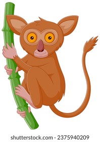 Cute tarsier cartoon isolated on white background. Cartoon tarsier hanging on the bamboo. Vector illustration