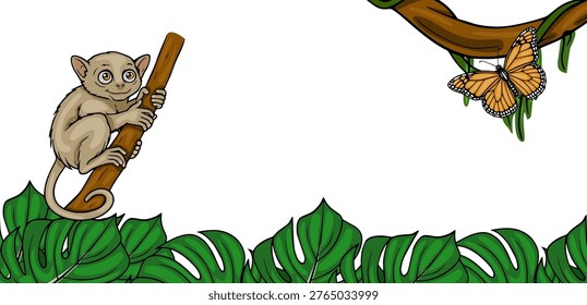 Cute Tarsier Monkey and Monarch Butterfly on Branch vector banner illustration