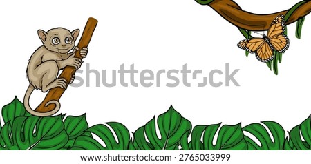 Cute Tarsier Monkey and Monarch Butterfly on Branch vector banner illustration