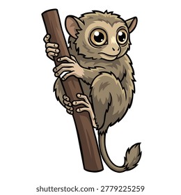 Cute Tarsier Sitting on Branch Cartoon Wildlife Illustration