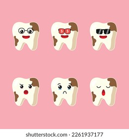 cute tartar teeth and yellow tooth with plaque various face expression vector