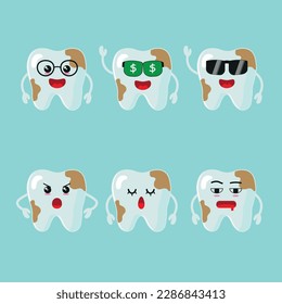 cute tartar teeth and yellow tooth with plaque various face expression vector sticker for dental kid children