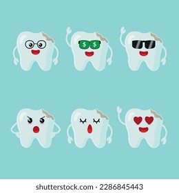 cute tartar teeth and yellow tooth with plaque various face expression vector sticker for dental kid children