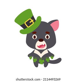 Cute tasmanian devil in St. Patrick's Day leprechaun hat holds shamrocks. Irish holiday folklore theme. Cartoon design for cards, decor, shirt, invitation. Vector stock illustration.