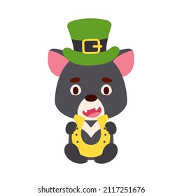 Cute tasmanian devil St. Patrick's Day leprechaun hat holds horseshoe. Irish holiday folklore theme. Cartoon design for cards, decor, shirt, invitation. Vector stock illustration.