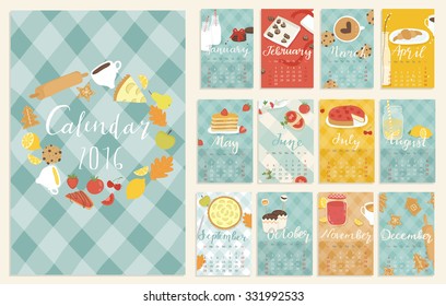 Cute and tasty bright culinary calendar for 2016. Month card set. Sweet collection