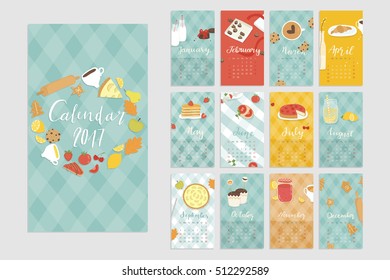 Cute and tasty bright hand drawn culinary calendar for 2017 year. Month card set. Sweet collection