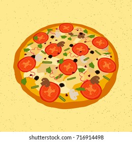 Cute tasty cartoon hand drawn doodle pizza  , abstract vector art illustration on the yellow background.