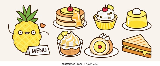 Cute tasty cartoon yellow pineapple menu ideas: pancake, cupcake, pudding, ice-cream shortcake, roll cake, jam sandwich. Summer sweet dessert product vector illustration flat drawing.