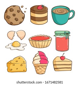 cute tasty cookies, cake, ice cream and slice cake with colored doodle or hand drawn style