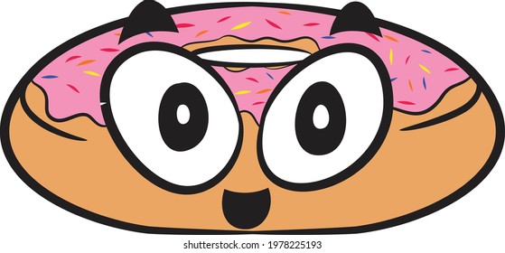 Cute and Tasty Doughnut with strawberry frosting and sprinkles. Cute food characters. Happy Thoughts and Positive Vibes.
