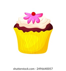 Cute and tasty hand drawn chocolate cup cacke with cream in yellow backery paper for birthday party. Sweet vector food illustration. Holiday dessert