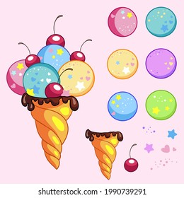 Cute tasty ice cream cone creator set includes waffle cone, ice cream balls, cherry, confetti. Vector cartoon isolated illustration. For game, print, design, preschool education andcafe design