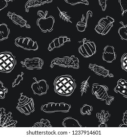 cute tasty lunch food in seamless pattern with doodle style on chalkboard background