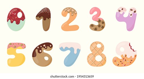 Cute Tasty Number Character zero one two three four five six seven eight nine cartoon doodle set