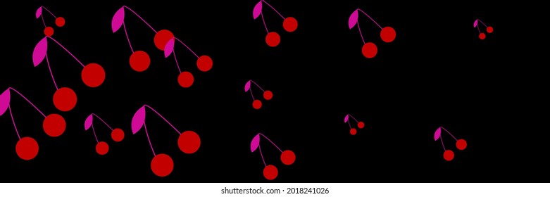 Cute Tasty Repeat Dark Vintage Fruit Cherries Print Illustration. Summer Textile Pink Colorful Bright Illustration Berries Background. Retro Vitamin Design Dessert Black Red Pattern Sweet Ornament.