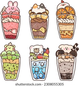 Cute and Tasty six Parfait Set with Adorable Animals Ice cream 