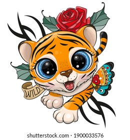 Cute Tattoo Design Tiger is creeping up isolated on a white background