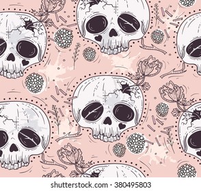 Cute Tattoo Style Skull Seamless Patten. Skull With Flowers And Poka Dots. Sugar Skull Background.