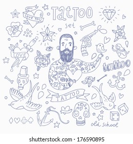 Juego de vectores de tatuajes personalizados. Colección vintage de tatuajes, corazón, pichón, ancla, diamante, flor, dados, pistolas y otros