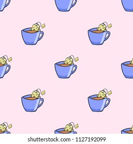 cute tea bag in a cup of tea cartoon object seamless pattern on pink background, vector doodle art