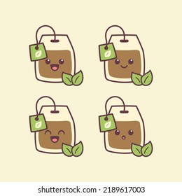 Cute Tea Bag Icon Vector Illustration.Cute Icon with different facial expressions. suitable for icons, logos, prints, stickers, etc.