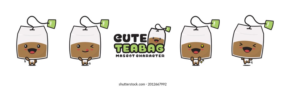 personaje de mascota de bolso de té lindo, ilustración de dibujos animados de bebida, con diferentes expresiones faciales y poses, aisladas en un fondo blanco