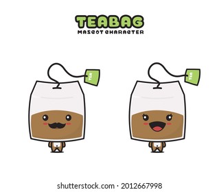 cute tea bag mascot character, drink cartoon illustration, isolated on white background