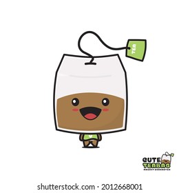 cute tea bag mascot character, drink cartoon illustration, isolated on white background