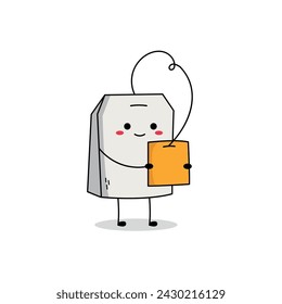 Cute tea bag sachet cartoon character reading something doodle